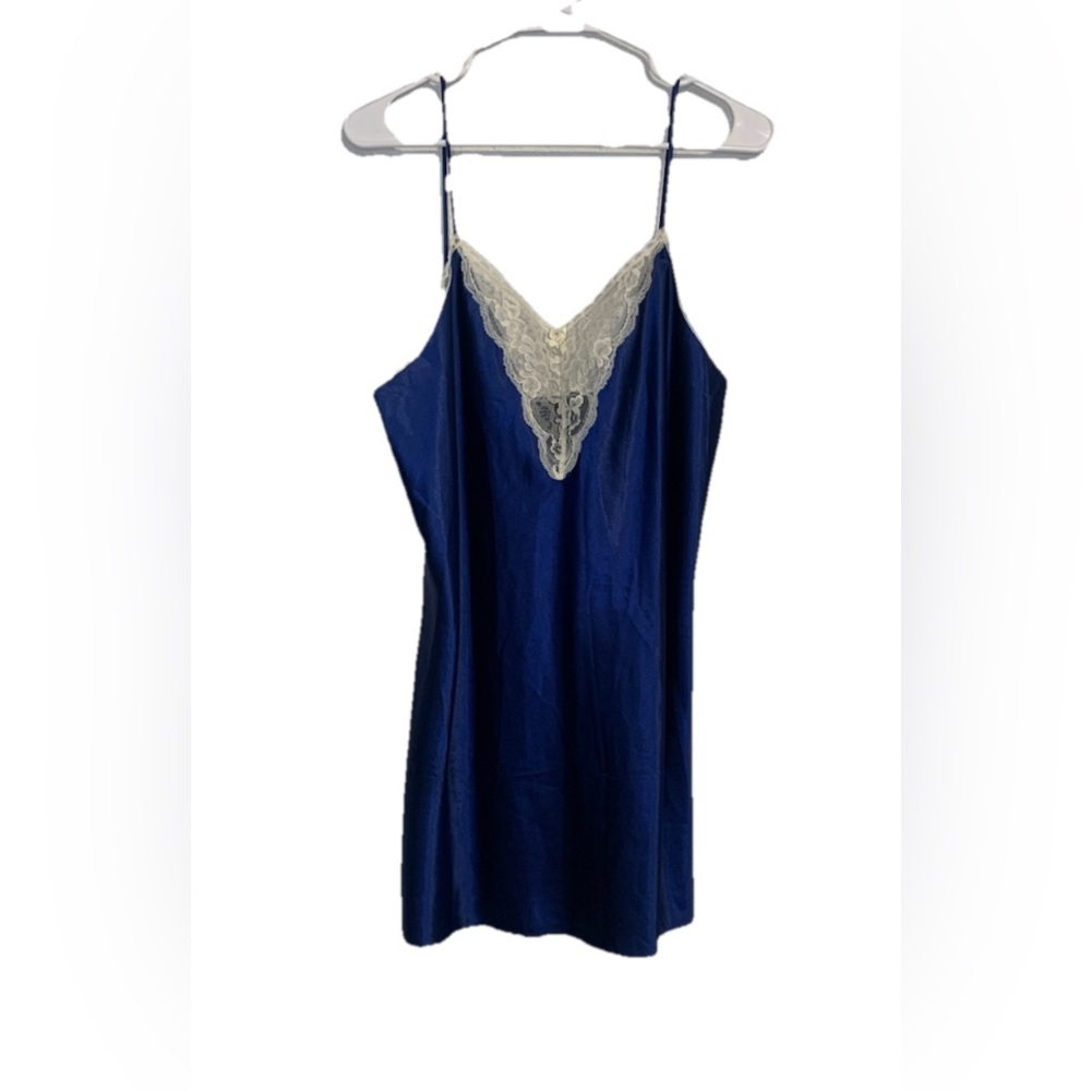 Vintage 80s Lady Manhattan Size Medium Blue Satin Slip Dress White Trim